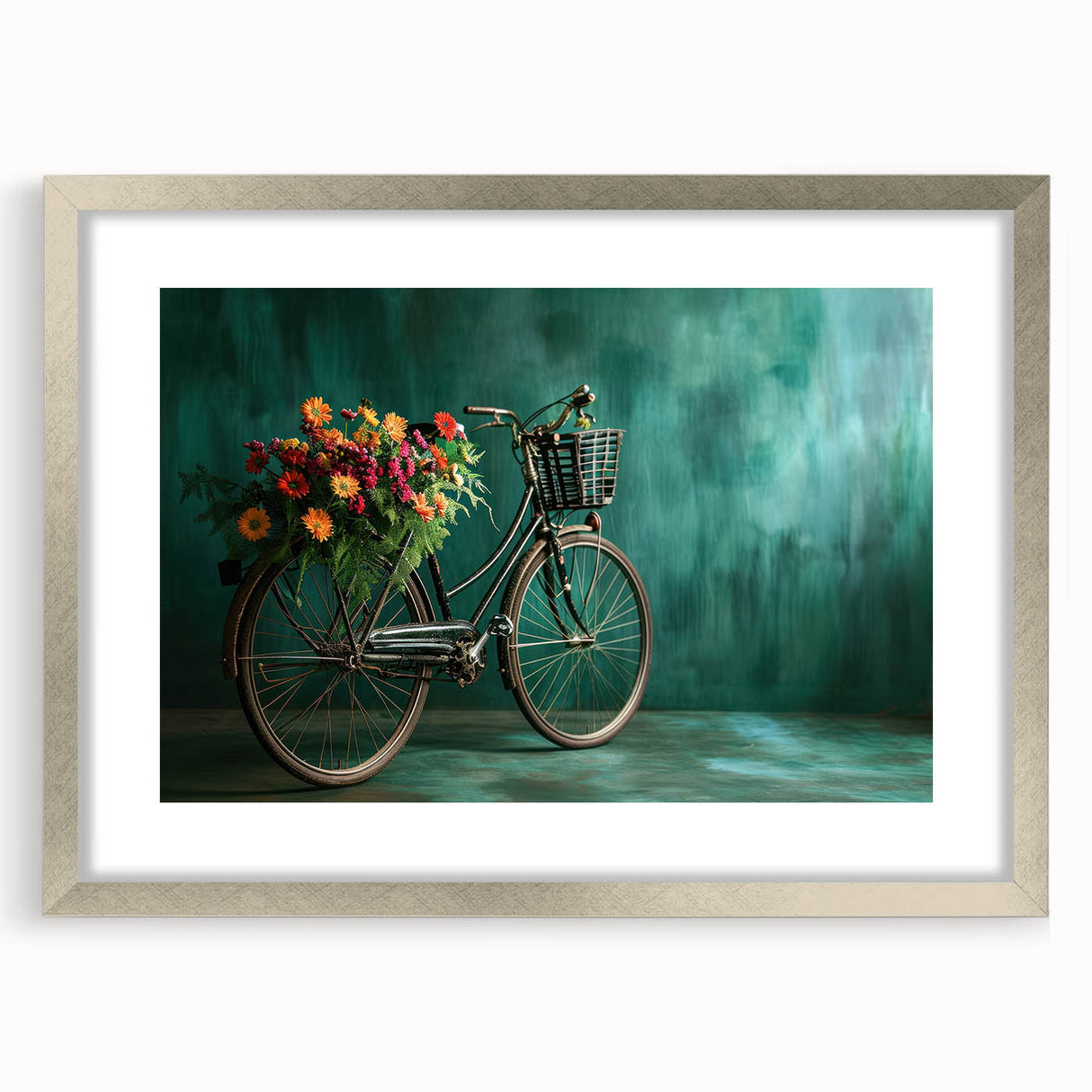 Abstract art print of a bicycle in monochrome shades, framed in silver, suitable for bedroom or dining room decor.