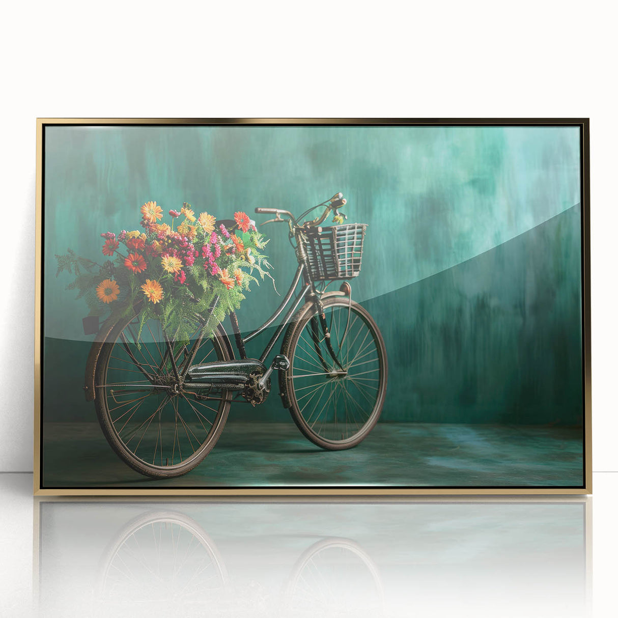Mid-century modernist bicycle design on large acrylic print with gold frame, ideal for nursery wall art.
