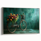 Vintage poster art of a bicycle on a colorful abstract background, framed canvas, ideal for living room decor.