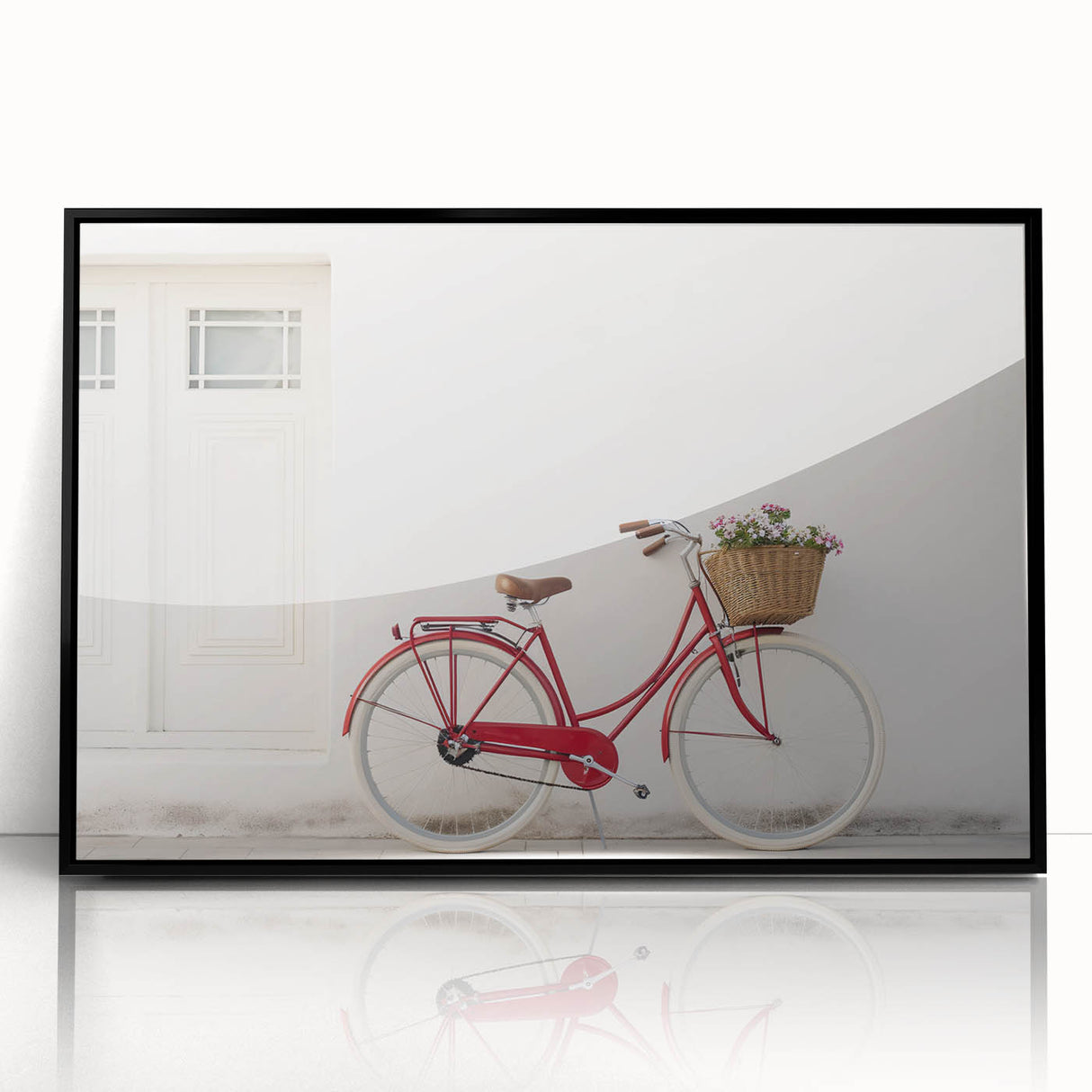 Framed acrylic print of a bicycle in black and white, suited for bedroom or dining room decor.