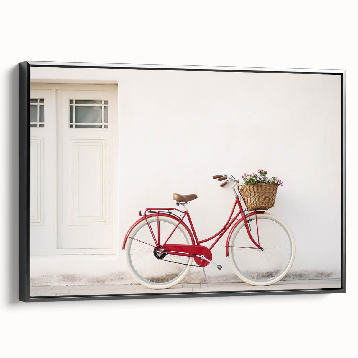 Black and white vintage poster art of a bicycle on framed canvas, ideal for bedroom wall decor.