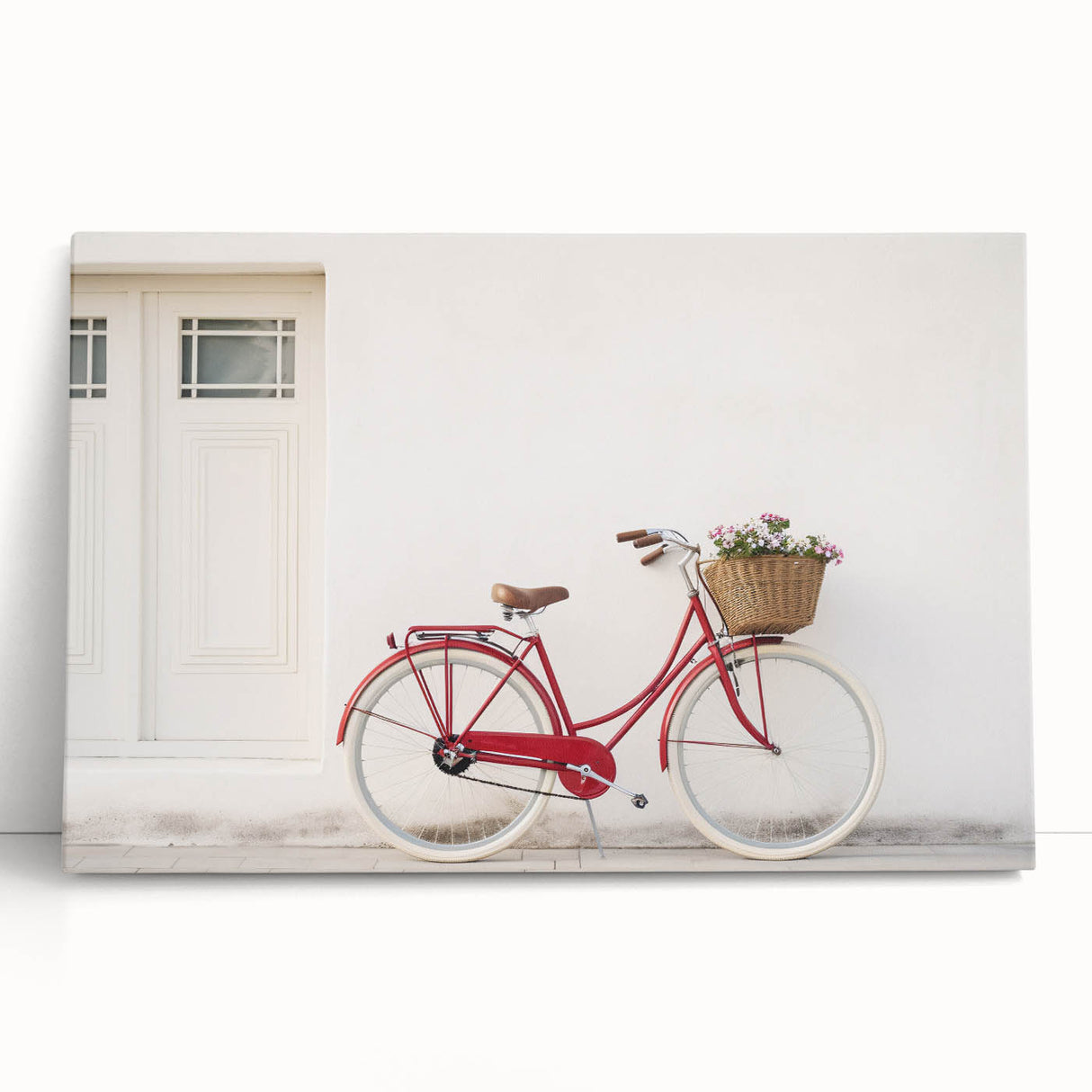 Black and white photograph of a vintage bicycle on stretched canvas, ideal for kitchen wall art.