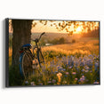 Black and white framed canvas featuring a side view of a vintage bicycle, ideal for bedroom wall decor.