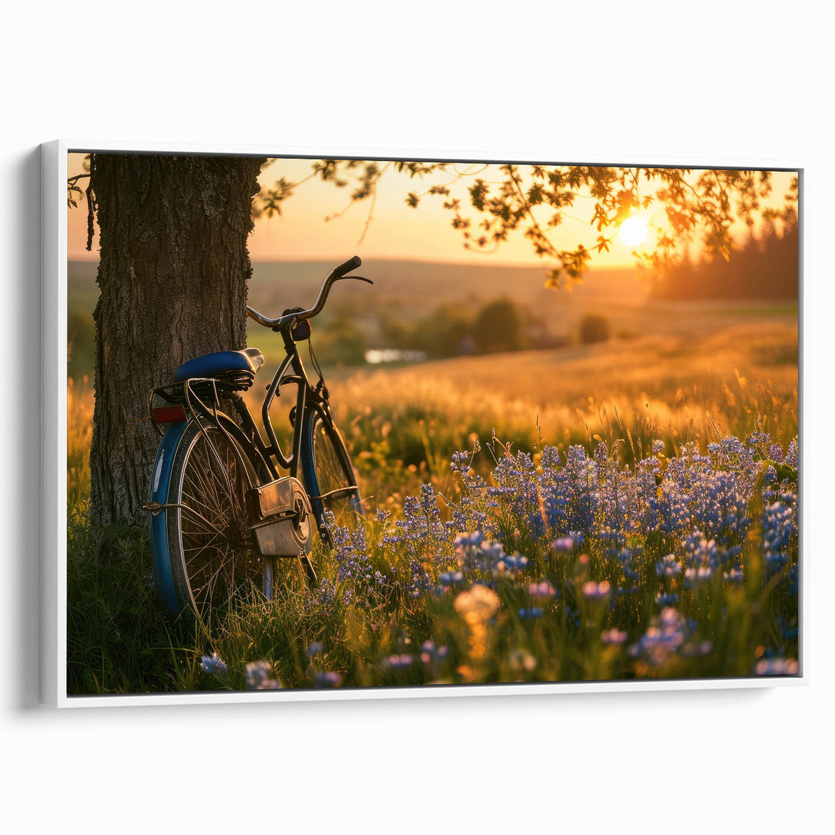 Extra large framed canvas featuring a black bicycle on a textured, colorful abstract background, ideal for living room decor.