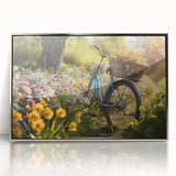 Mid-century modernist art featuring a vintage bicycle in muted earth tones on a silver-framed acrylic print.