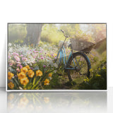 Art Deco style bicycle illustration in black and white, acrylic print framed in white, suitable for nursery wall art.