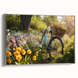 Framed canvas featuring a vintage poster of a black bicycle against a colorful abstract landscape.