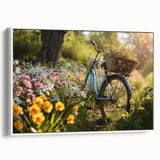 Vintage poster art of a bicycle with colorful accents on a black background, framed canvas, ideal for living room decor.