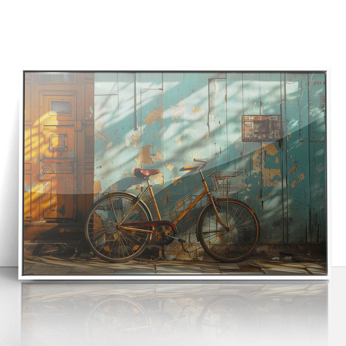Art deco style bicycle poster in pastel colors, acrylic print framed in white, suitable for nursery wall art.