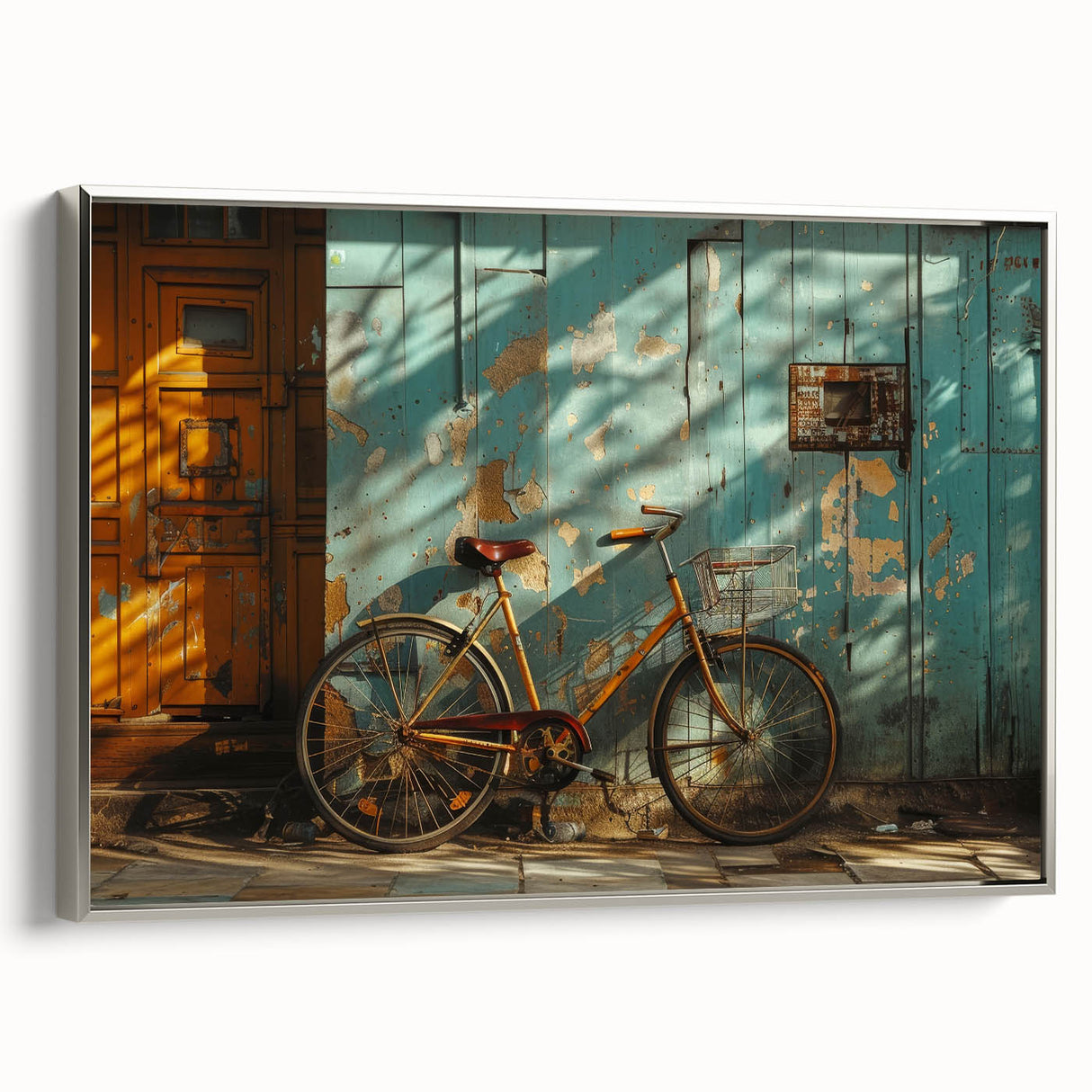 Vintage poster art of a bicycle in black with colorful accents on a silver-framed canvas, suitable for living room decor.