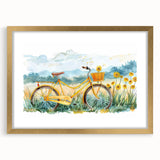 Textured art print featuring an abstract bicycle design in gold and black on a framed canvas, suitable for bedroom decor.