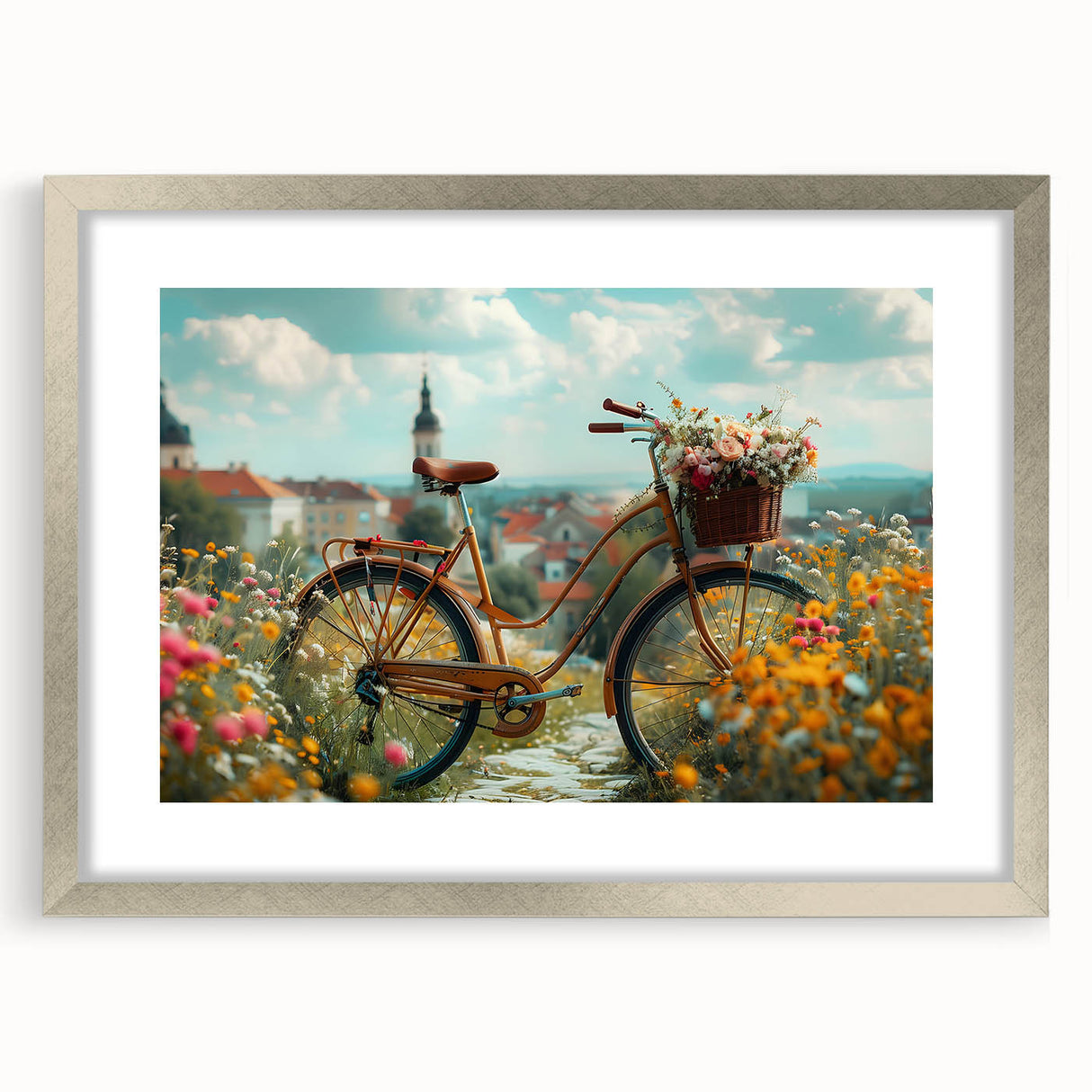 Abstract bicycle design in textured art style, with muted earth tones on a framed print, suitable for bedroom wall decor.