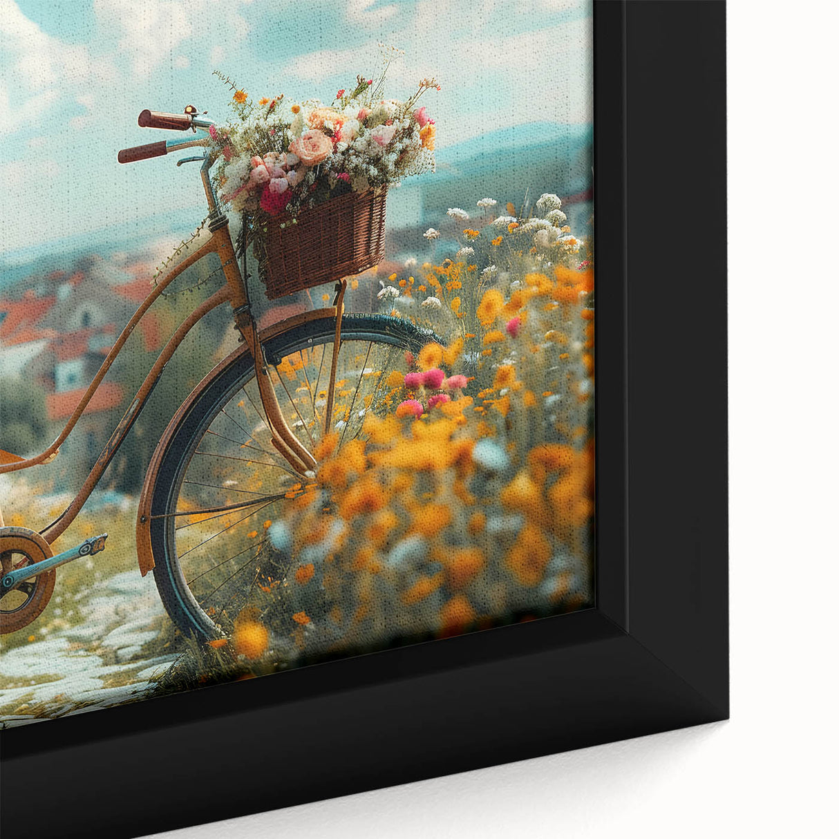 Extra large black wall art featuring a colorful, textured depiction of a bicycle on a framed canvas.