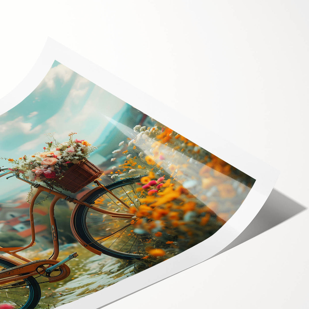 Extra large wall art featuring a line art bicycle with floral accents in black and white, printed on rolled canvas.