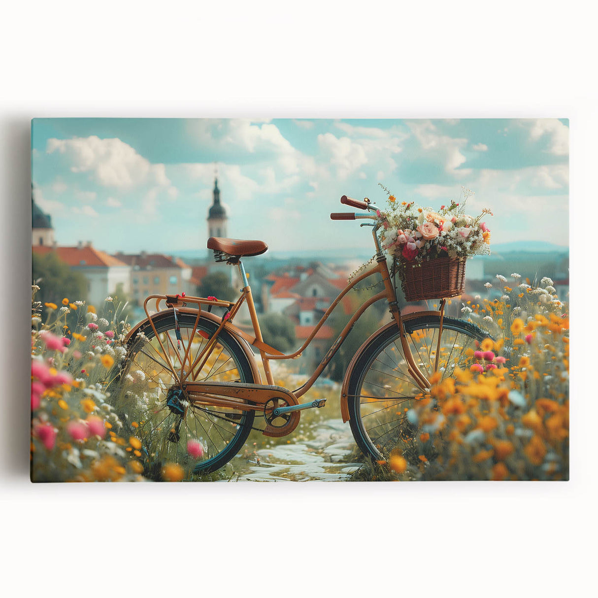 Black and white illustration of a bicycle on large stretched canvas, suited for kitchen wall art.