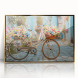 Mid-century modernist style bicycle print in muted earth tones on framed acrylic, suited for nursery wall decor.