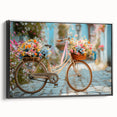Black and white vintage poster art of a bicycle, framed canvas, ideal for bedroom wall decor.