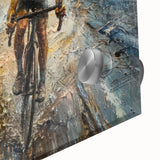 Mid-century modernist style large abstract bicycle art in vibrant hues on acrylic glass, ideal for dining room decor.