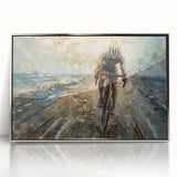 Mid-century modernist art depicting a bicycle, in muted gray tones on a silver-framed acrylic, suitable for nursery wall art.