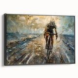 Black and white framed canvas featuring a side view of a vintage bicycle, ideal for bedroom wall decor.