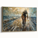 Vintage poster-style wall art of a black bicycle on a gold canvas, framed, ideal for bedroom decor.