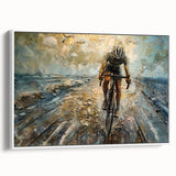 Vintage poster art of a bicycle on a white framed canvas, featuring a black background with colorful accents.
