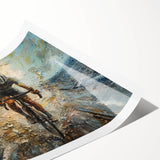 Extra large wall art featuring line art flowers on a bicycle, in black and white tones, printed on rolled canvas.