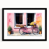 Abstract art print of colorful, textured bicycles on a large canvas, ideal for living room decor.