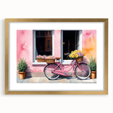 Textured abstract art print of a bicycle on a gold-framed canvas, ideal for bedroom art.