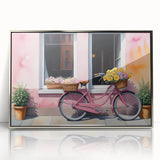 Art deco poster of a vintage bicycle, rendered in silver and black tones on a framed acrylic.