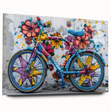 Acrylic print of a large abstract bicycle design in muted earth tones, ideal for bedroom or dining room art.