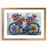 Textured art print of an abstract bicycle design in gold and black, framed with a mat, ideal for bedroom wall decor.
