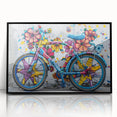 Framed acrylic print of a large abstract bicycle design in black and white, ideal for modern art wall decor.