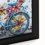 Extra large framed canvas featuring a textured black bicycle against a colorful abstract background.