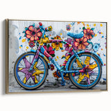 Vintage poster art of a bicycle in black and gold hues on a framed canvas, suitable for bedroom decor.