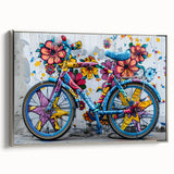 Vintage poster art of a bicycle on a silver-framed canvas, with a black and colorful backdrop, ideal for living room decor.