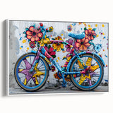 Vintage poster art of a bicycle on white framed canvas, featuring black and colorful art, ideal for living room decor.