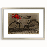 Abstract art print of a stylized bicycle in black and white tones on a framed canvas, suitable for dining room decor.