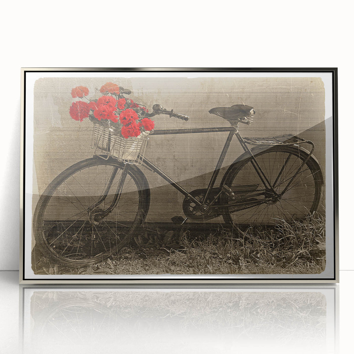 Mid-century modernist art of a bicycle in silver and gray tones, acrylic print framed, suitable for nursery wall art.