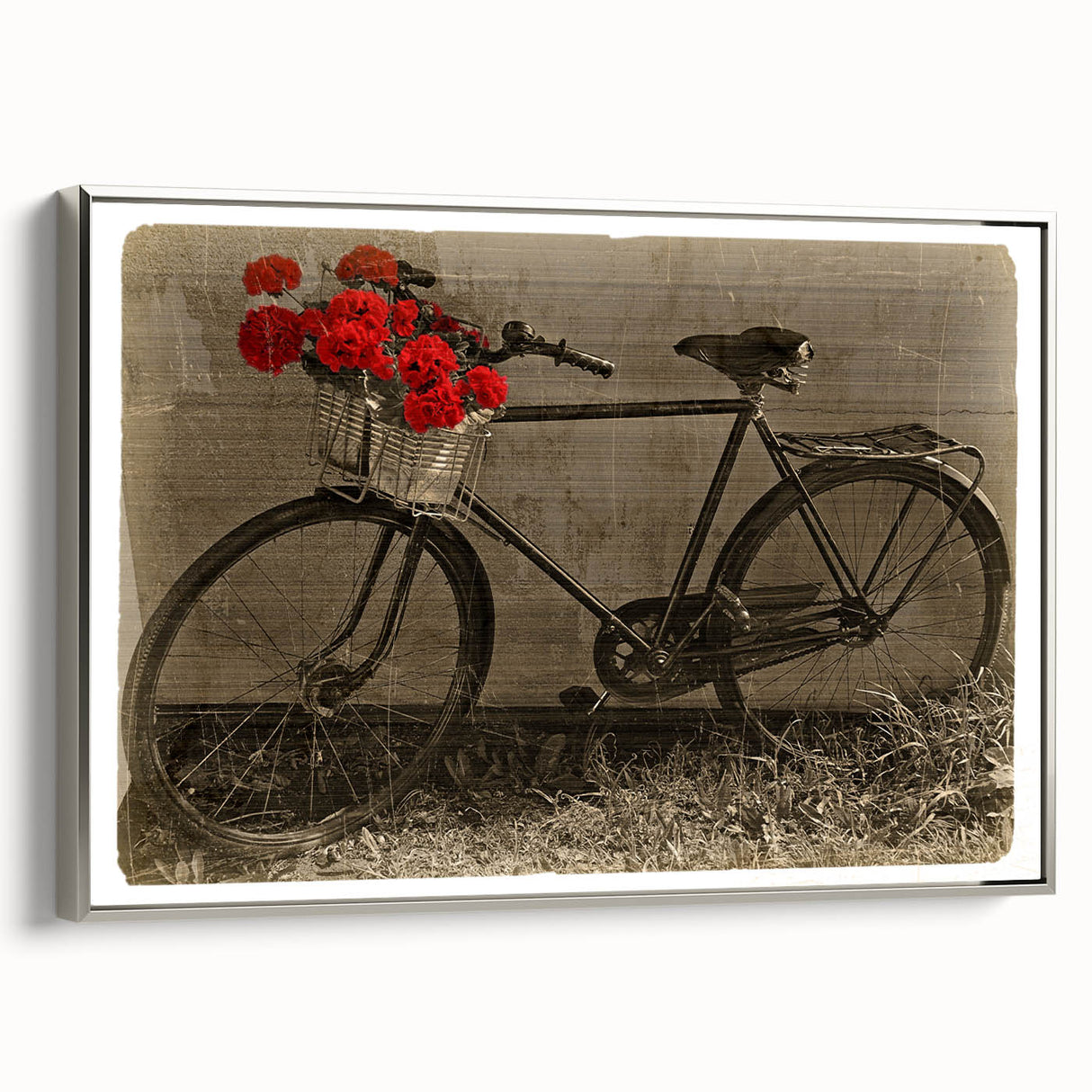 Vintage poster art of a bicycle on a black background, framed canvas in silver, ideal for home office decor.