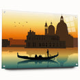 Acrylic print of a gondola on a tranquil waterway in muted blue and gray tones, suitable for bedroom or dining room decor.