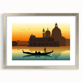 Abstract art print of a silver-framed gondola on water, in cool blue and gray tones, suitable for dining room decor.