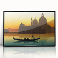Large abstract wall art of a gondola on water in muted blue and gray, framed acrylic print.