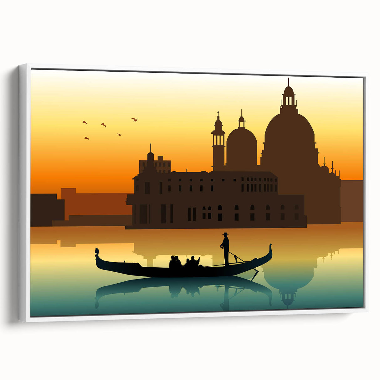 Vintage poster art of a gondola on water in black and white, framed canvas, ideal for bedroom wall art.