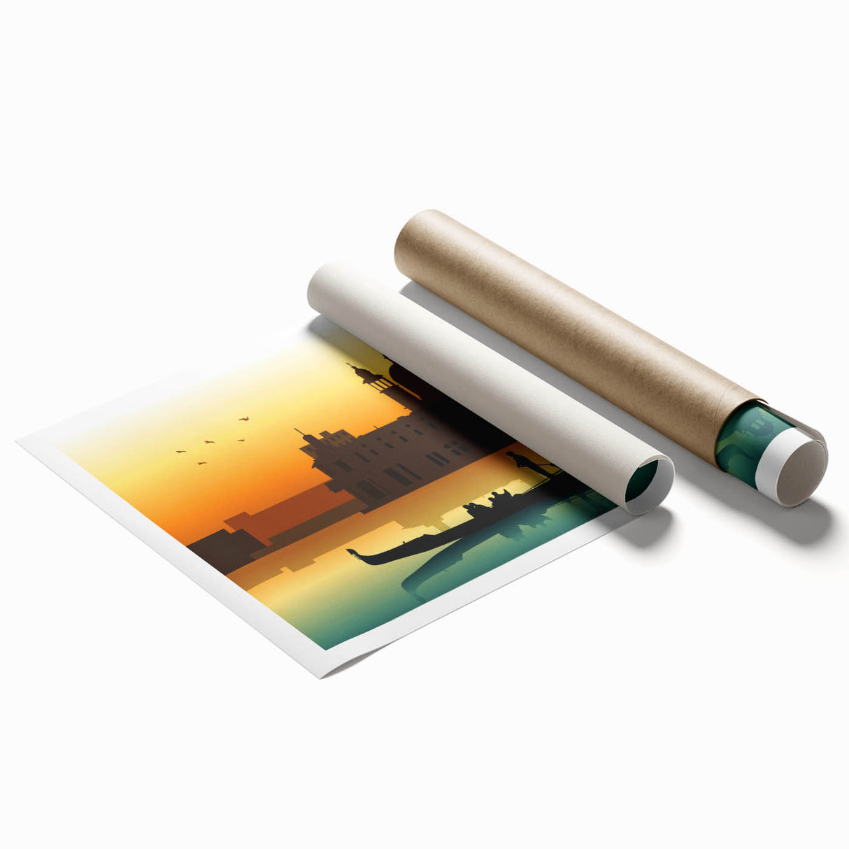 Extra large rolled print featuring a gondola on a serene waterway, in muted earth tones, ideal for classy bathroom wall art.