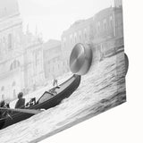 Acrylic print of a large abstract gondola on water in mid-century modernist style, using muted blue and gray tones.