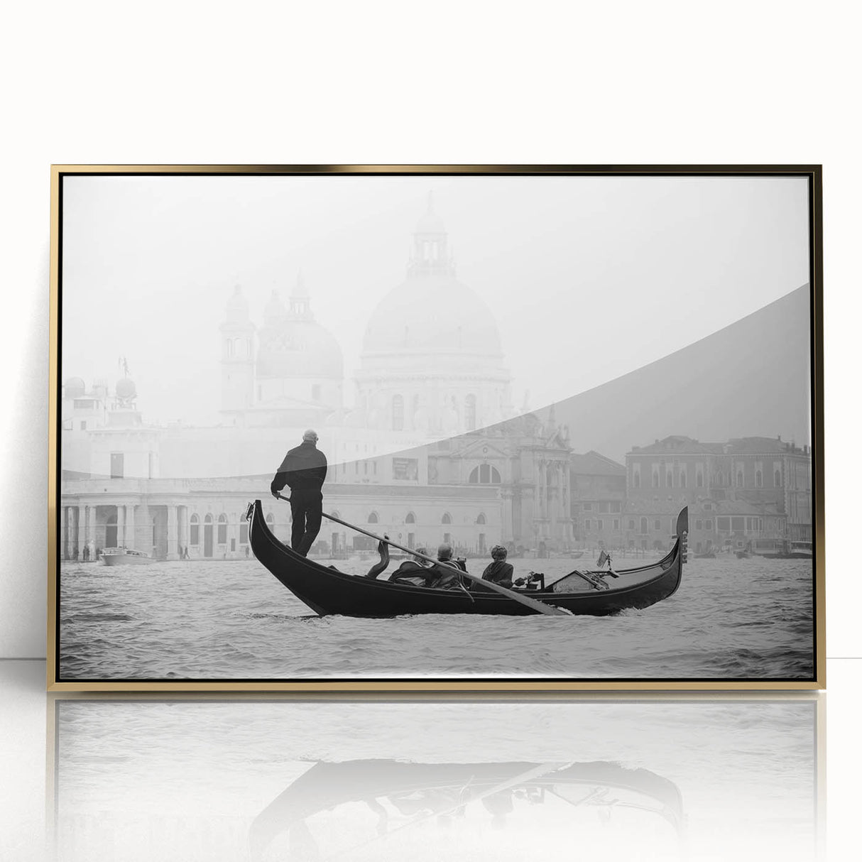 Mid-century modernist art depicting a gondola on water, in muted gold and blue tones, framed acrylic.