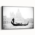 Black and white framed canvas featuring a vintage-style gondola landscape, ideal for bedroom wall decor.