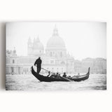 Black and white canvas print of a gondola on calm waters, ideal for kitchen wall art.
