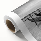 Art deco style poster of a gondola on water, in muted blues and grays, ideal for nursery wall art or dining room decor.
